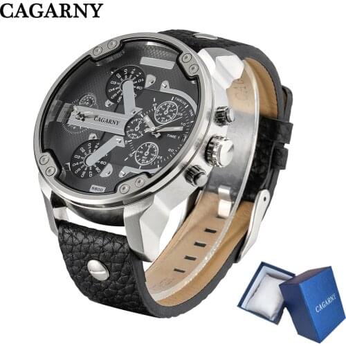 Cagarny Mens Watches Dual Display Black Leather Quartz Wrist Watch Men Sport Male Clock Man Military Relogio Masculino 6820