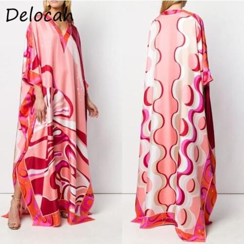 Delocah Summer Fashion Designer Long Dress Women Batwing Sleeve Floral Print Split Loose Knitted Maxi Drsses 5XL Plus Size