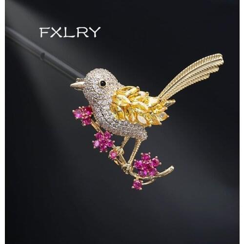 FXLRY Elegant Crystal Animals Brooches micro inlaid zircon Lovely Birds Brooch Branch Flower Woman Clothes Decorative Pin