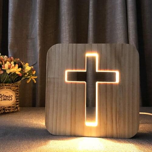 Jesus Cross Wood LED Light USB LED Night Light Desk Table Lamp Kids Gift for Home Bedroom Bedside Easter Atmosphere Decoration