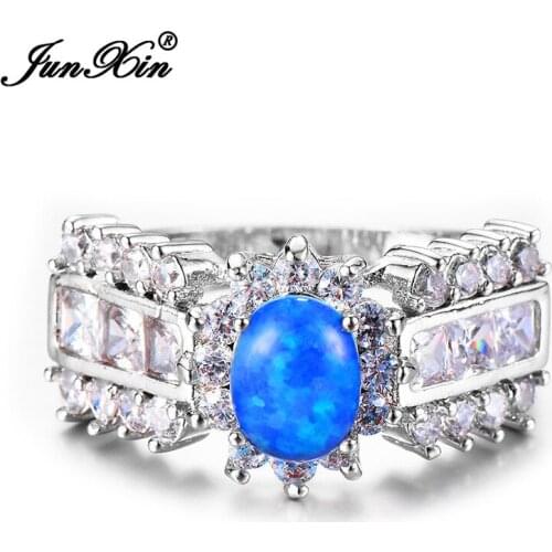 JUNXIN Fashion Female White & Blue Opal Ring Silver Color Jewelry Vintage Oval Wedding Rings For Women