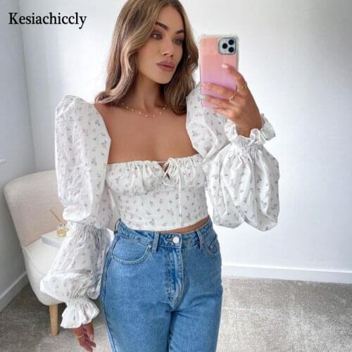 Kesiachiccly sweet girl slim puff sleeve tees croptop female floral print elegant hollow out tshirt 2021 sexy vacation tank top