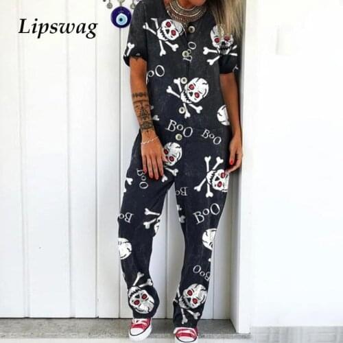 5XL Spring Fashion Letter Skull Print Jumpsuit Romper Casual Button Loose Overalls Summer Short Sleeve Women Playsuits Bodysuit