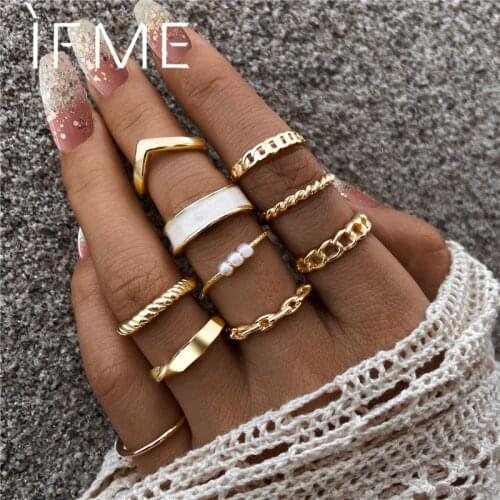 IF ME 10PCS/SET Vintage Chain Immitation Pearl Gold Color Finger Rings Set for Women Girl Knuckle Joint Ring Trendy Jewelry 2021