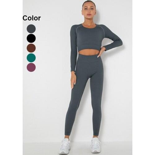 Two Piece Set Women Seamless Yoga Set Gym Clothing Solid Long Sleeve High Waist Push Up Leggings Workout Sports Wear Female