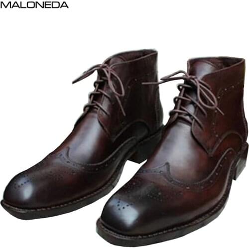 MALONEDE Handmade Goodyear Full Genuine Leather Brogue Lace up Ankle Boots for Mens Short Dress Boots