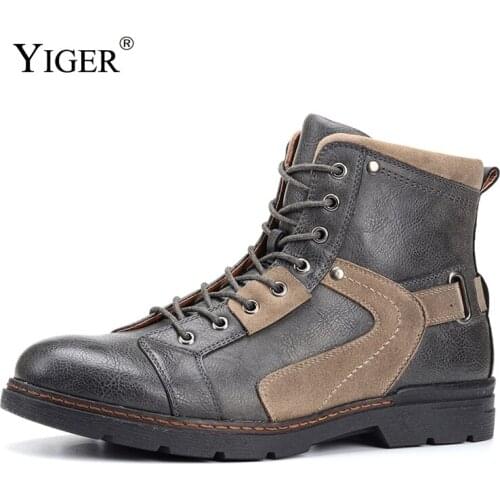 YIGER Men Casual Boots Man Martins Boots Large size Genuine Leather Male Motorcycle boots Outdoor Vintage Boots Ankle Men‘s Boot