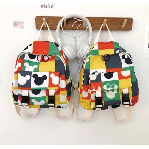 New Childrens Elementary School Square Hit Color Cartoon Mickey Minnie Mouse Backpack Boy Girl Travel Bag Plush Backpack 7-12Y