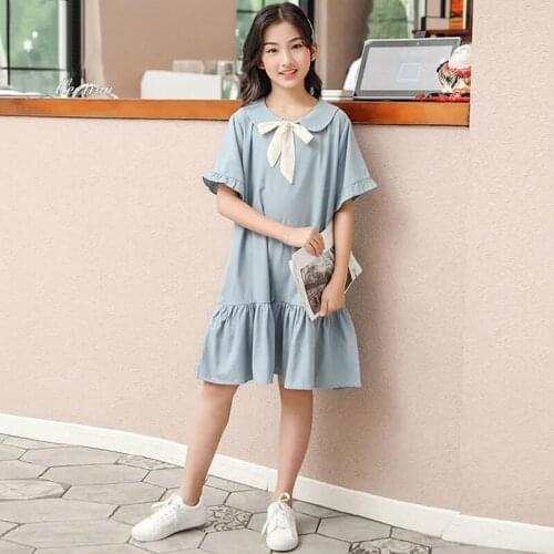 Cute Girls Dress Summer Doll Color Ruffles Sleeve Dresses for Girls Bowknot Ties Blue Dress Kids Pleated Dress Children Clothing