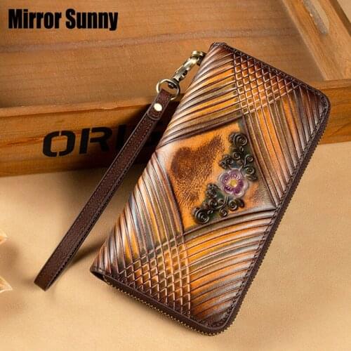 RFID Ladies Genuine Leather Wristband Wallet Head Layer Cowhide Leather Vintage Long Zipper Purse Large Capacity Clutch Bag Card