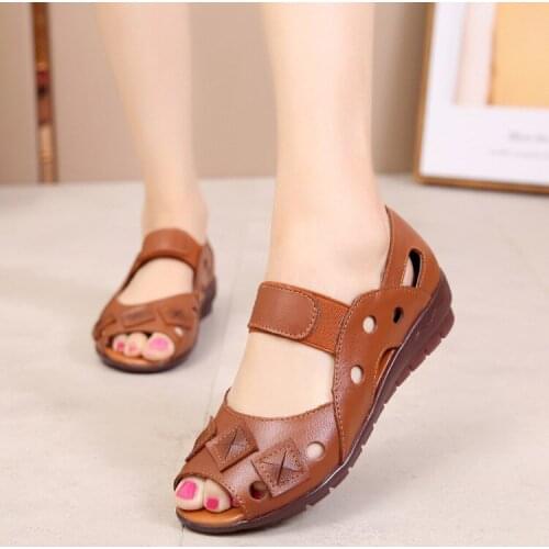 2021 New Summer Wedges Sandals Women Hollow Casual Women Shoes Genuine Leather Sandals Soft Sole Cozy Mother Shoes