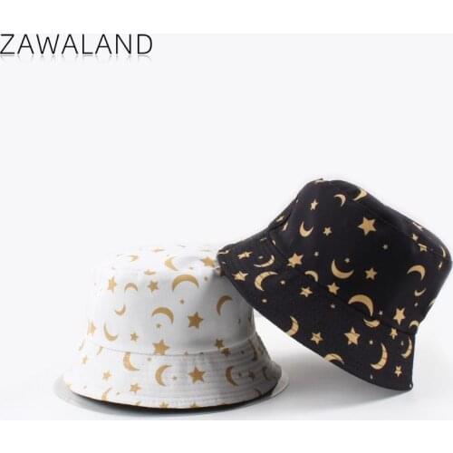 Zawaland Star and Moon Pattern Basin Hat Unisex Double-Sided Windproof Sun Protection Fisherman Hat Fashion Print Bucket Hats