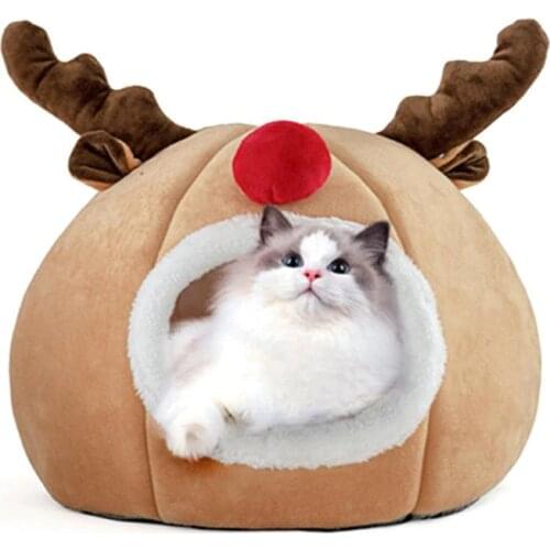 Foldable Cat Bed Self Warming For Indoor Cats Dog House With Removable Mattress Puppy Cage Elk Shape Comfortable Tent For Pet