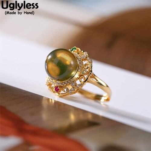 Uglyless Hollow Vines Luxury Palace Dress Rings for Women Blue Perot Amber Rings High End Gemstones Jewelry 925 Silver Zircons