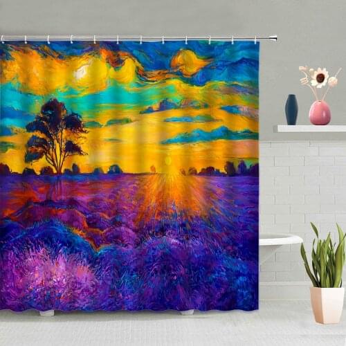 Bathroom Decoration Hand-painted Oil Painting Tree Sky Lavender Flower Sea Shower Curtain Waterproof Polyester Fabric With Hooks