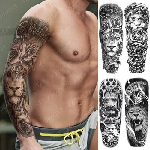 Waterproof Temporary Large Arm Sleeve Tattoo Stickers Lion Tiger Crown Clock Rose Flash Tattoos Male Body Art Fake Tatto Women