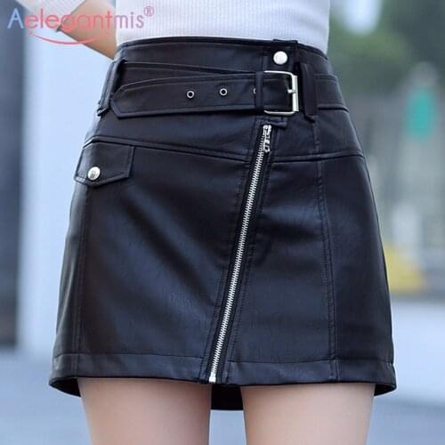Aelegantmis Spring Summer New Slim High Waist Women Leather Skirt Office Lady Mini Skirt Female Casual A-line Short Skirts
