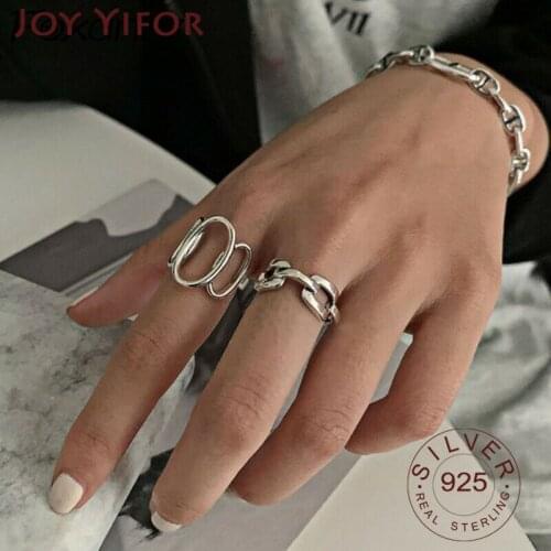 925 Sterling Silver Opening Rings for Women Couples Fashion Simple Hollow Chain Geometric Punk Hiphop Party Jewelry Gift