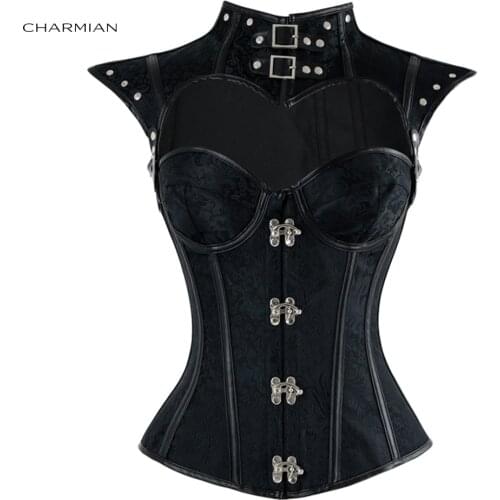 Charmian Womens Gothic Steampunk Corset Sexy Steel Boned Overbust Corset Top Corsets and Bustiers Waist Cincher Corselet