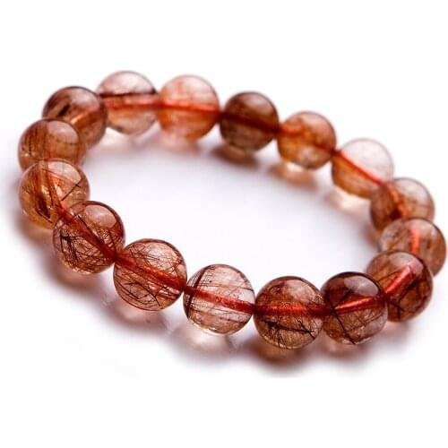 13.5mm Genuine Natural Copper Hair Rutilated Quartz Crystal Round Bead Stretch Bracelets For Women Men