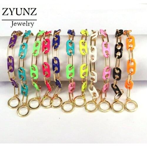 4PCS, Colorful Women Bracelet Geometric Neon Enamel Link Chain Bracelets 2020 Copper Jewelry