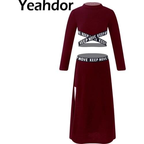 Kids Girls Modern Dance Suit Dancewear Long Sleeves Cross Sash Crop Tops and Split Skirt Set for Jazz Dance Performance Casual