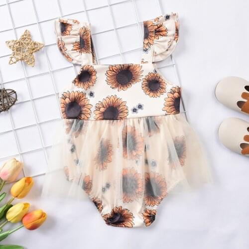 Breathable Baby Fly-Proof Suspender Dress, Summer Baby Girl Sweet Style Sunflower Print Mesh Stitching Jumpsuit Travel Vacation