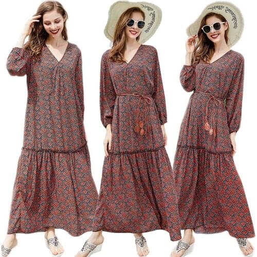 Elegant Women Boho Print Long Sleeve V-neck Maxi Dress Loose Casual Gown Beach Holiday Party Kaftan Sundress Clothing Vestidos