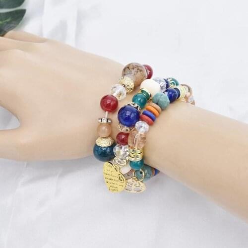 Ethnic Tassel Acrylic Beads Bracelets for Women Girls Gift Elastic Rope Leaves Charm Wrap Stone Bracelet pulseira feminina