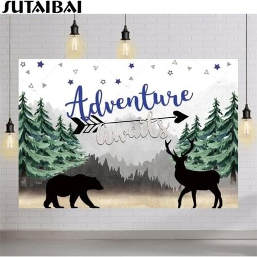Adventure Awaits Background Birthday Party Winter Wonderland Baby Shower Forest Trees Wild Animals Newborn Photography Backdrop