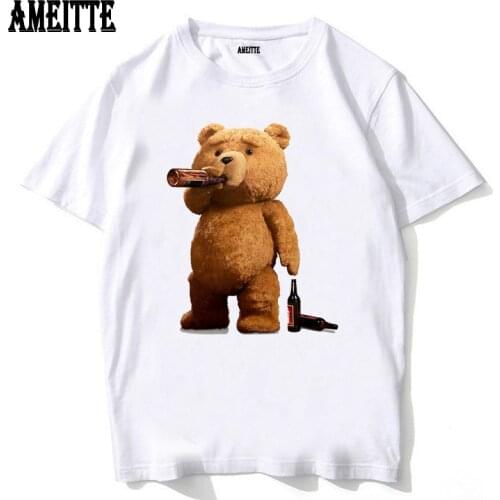 New Summer Fashion Mens Short Sleeve Bear Drinking Beer Print T-Shirt Funny Cool Boy Casual White Tops Hipster Woman Man Tees