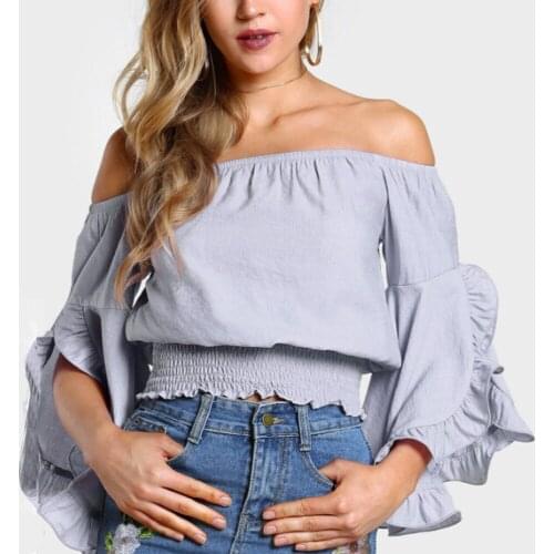 Kpop Vogue Style Women Clothes Girl Chiffon shirt with one-shoulder flying sleeves elastic hem blneckline embroidered blouse top