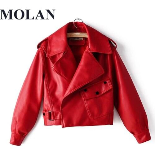 MOLAN Woman Pu Leather Jacket Long Sleeve Big Pocket With Belt Fashion Coat Female Chic BOmer High Street Outwear Spring Top