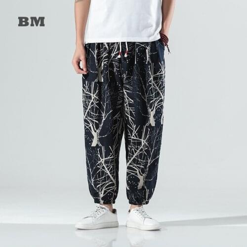Summer Thin Loose Plus Size Linen Casual Harem Pants Chinese Style Branch Print Oversized Cropped Trousers Harajuku Bloomers Men