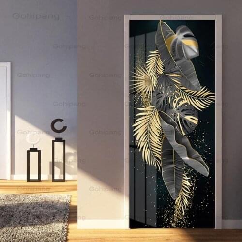 Door Sticker Golden Banana Leaf Self-Adhesive Modern Luxury 3D Wallpaper Living Room Bedroom Door Poster Waterproof 3D Stickers