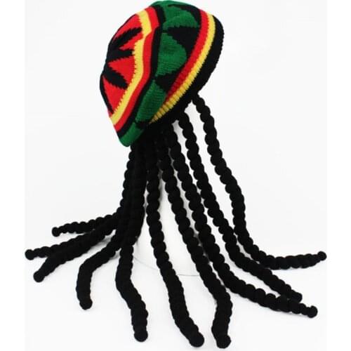 Men Women Novelty Dreadlocks Wig Hat Reggae Jamaican Style Crocheted Knitted Beanies Long Black Hair Halloween Beret Cap