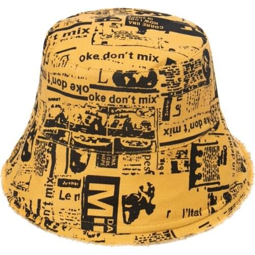 New Panama Bob Cap Yellow Black Blue Tie Dye Graffiti Newspaper Letter Bucket Hats Gorras Hip Hop Caps Women Ladies