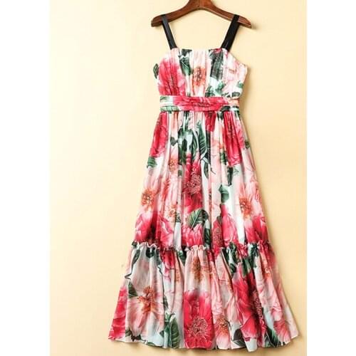 Red camellia print 2021 open back sexy slim slimming holiday chiffon suspender dress