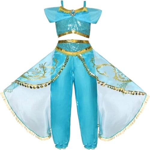 Girls Jasmine Dress Up Arabian Princess 2 Piece Set Costume Kids Jasmine Cosplay Birthday Party Costume Baby Girl Summer Dress