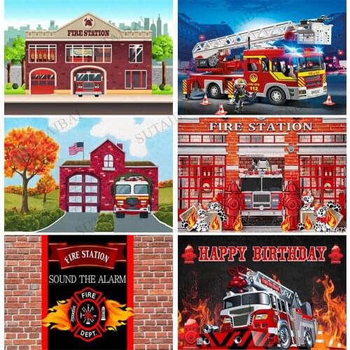 Fire Station Photography Backdrops Fireman Fire Truck Boy Birthday Party Background Cake Smash Photo Studio Photocall