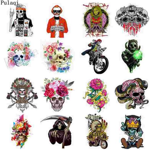 Pulaqi Skull Iron on Transfer Heat Vinyl Transfer Patches for Clothes Stranger Things Thermal Ironing Stickers Punk Applique DIY