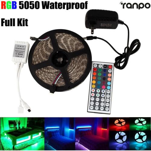 Waterproof 5M RGB 300 LED Strip Light 5050 SMD 44 Key Remote Control DC 12V Power Full Kit US/EU Plug for TV Club KTV Back Lamp