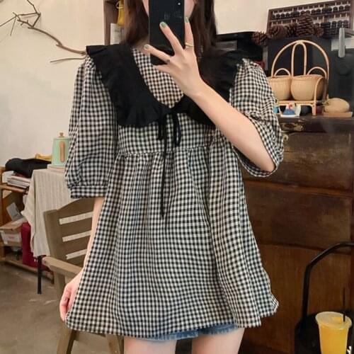 VSUE Girls Sweet Plaid Ruffles Lace Up Pleated Puff Sleeve Peter Pan Collar Long Causal Loose Shirt Blouse T-Shirt Tops B3087