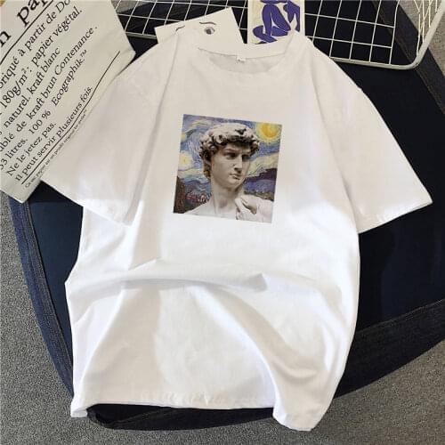 Womens T-shirt 90s Ulzzang Harajuku Graphic Funny White Drawing David Print T-shirt O Neck Casual Womens Top T-shirt