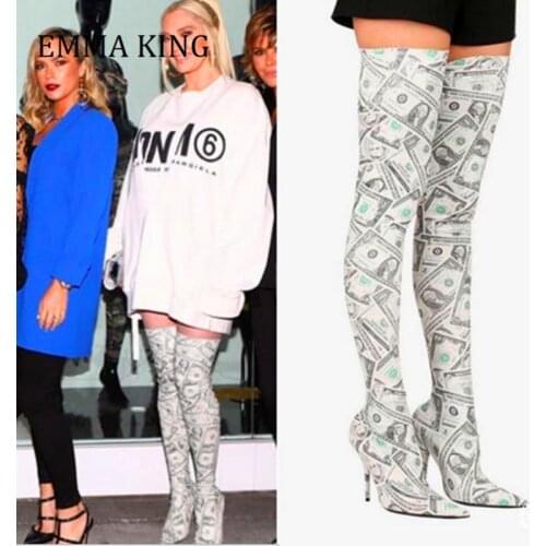 2021 Spring Women Money Printing Thigh High Boot Pointed Toe Stiletto Heels Over The Knee Boots Stretch Fabrics Woman Long Boots