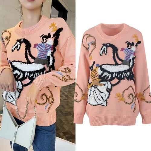 Korean Halloween Round Neck Long-Sleeved Embroidery Knit Top Women Sweet Fashion Pink Pullover Sweater Fall/winter 2021 New