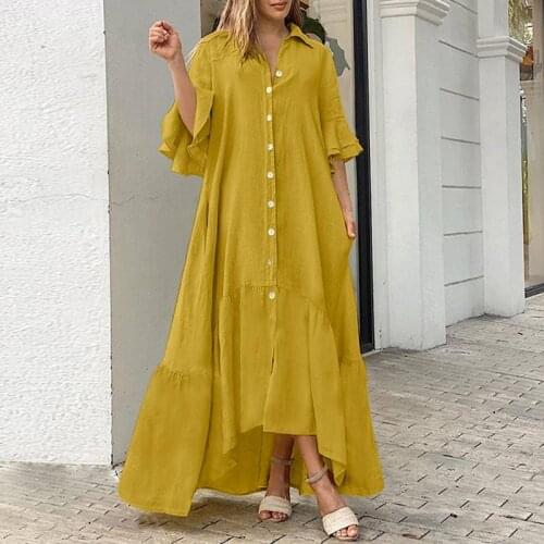 Asymmetric Dress Women 2021 VONDA Sexy Half Sleeve Lapel Neck Shirt Dress Bohemian Irregular Sundress Casual Party Vestidos Robe