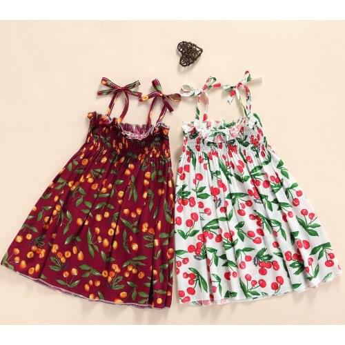 2021 1-7Y Sweet Toddler Girls Dress Cherry Print Bandage Sleeveless Pleated A-line Summer Holiday Sundress