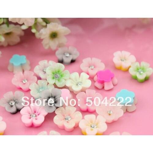 15pcs Resin Cherry Flower w/ rhinestone Cabochons 15mm , hair accessory supply, embellishment, DIY project supply pastel color