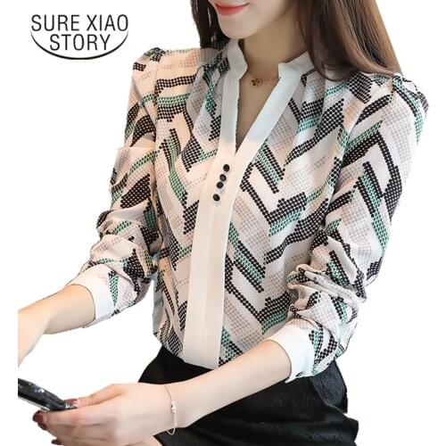 2020 New Autumn OL Style Women Tops Print Shirt V-neck Slim Elegant Long Sleeved Blouses Plus Size Chiffon Women Blouses D179